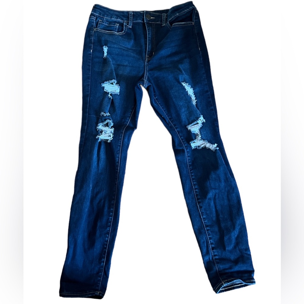 High rise skinny dark wash ripped jeans